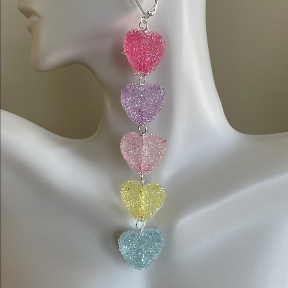 Hand Crafted Jewelry - HAND CRAFTED SPARKLING PASTEL GUM DROP HEART DANGLE EARRINGS Candy-Inspired